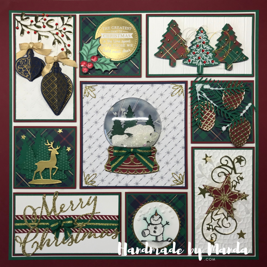 3D sampler frame, shadow box, xmas ornaments, xmas trees, reindeer, polar bears in snow globe, pine cones, sentiments, snowman, star