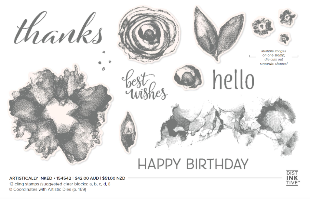 artistically inked stamped set , flowers, leaves, variegated ink splatter, sentiments