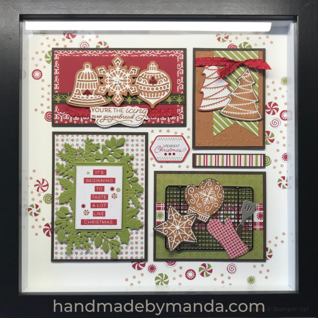 sampler frame, shadow box, gingerbread cookies, oven mit, cooling tray, xmas tree cookies, xmas sentiment